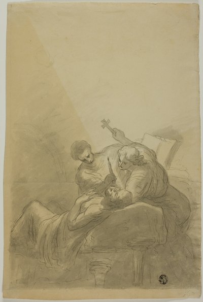 Homme mourant assisté par deux figures tenant une bougie, un livre et une croix - Unknown artist