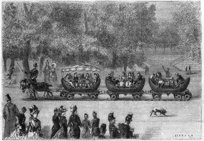 Rails sans fin adaptés à un train de voitures tiré par des chèvres dans le Jardin des Tuileries à Paris. - Unknown artist