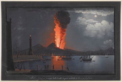 Éruption du mont Vésuve. Scène nocturne, avec un groupe de personnages contemplant l