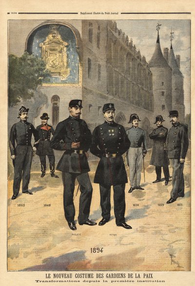 Évolution des uniformes des gardiens de la paix (ou sergents de ville) de 1860 à 1894, devant la tour de l