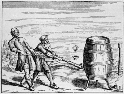 Expérience réalisée par le scientifique allemand Otto von Guericke pour calculer la pression atmosphérique. Planche tirée de "Ottonis de Guericke: Experimenta Nova Magdeburgica de vacuo spatio" par Otto von Guericke - Unknown artist
