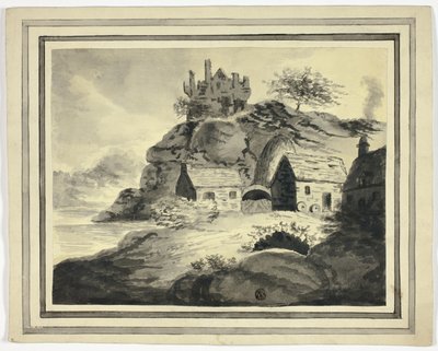 Ferme avec rocher surplombant et château - Unknown artist