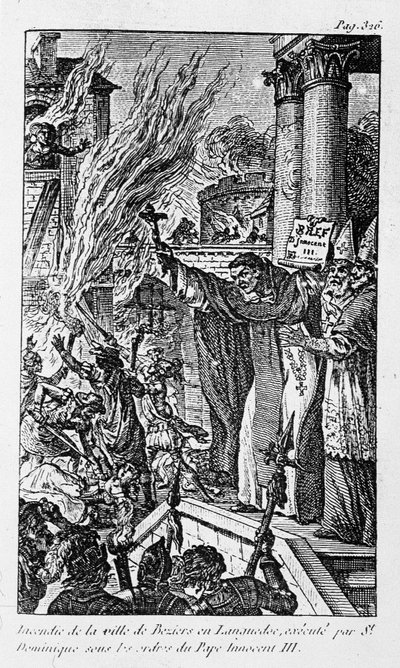 Incendie de la ville de Béziers en Languedoc, exécuté par Saint Dominique sous les ordres du pape Innocent III dans « Les Crimes de la Religion » - Unknown artist