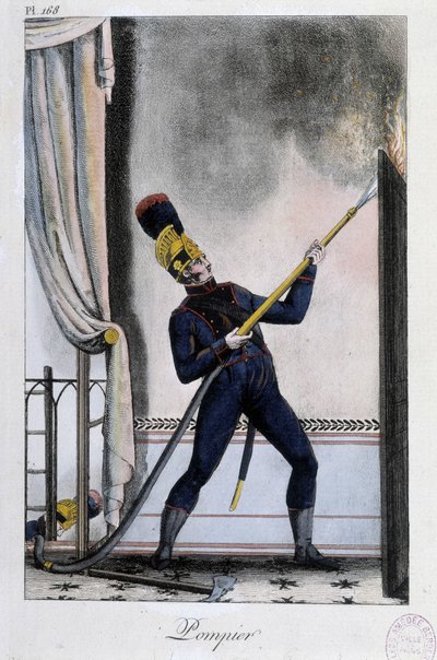 Pompier avec lance à eau, éteignant un incendie - vers 1830 - Unknown artist