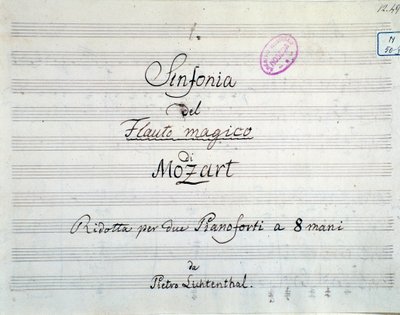 Première page de la symphonie réduite pour deux pianos et huit mains de Die Zauberflöte, opéra de Mozart, version Lichtenthal (19ème siècle) - Unknown artist