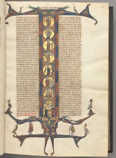 Fol. 1r, Genèse, avec une initiale I historiée en pied, montrant la Création et la Crucifixion, le tout sur fond d