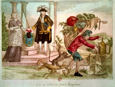 Révolution française : « Ça ne durera pas toujours » : paysan accablé par un prélat et un noble. Gravure du XVIIIe siècle. - Unknown artist