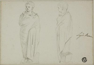 Vues frontale et latérale de la statue d