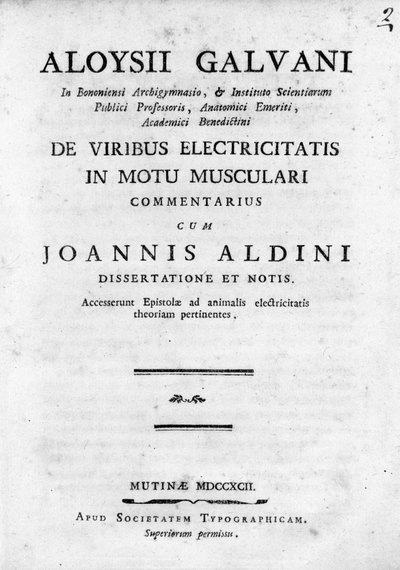 Frontispice de « De Viribus Electricitatis in Motu Musculari Commentarius » Un traité sur la circulation de l