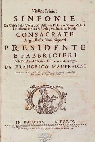 Frontispice de la partition musicale de Sinfonia da chiesa e due violini par Francesco Manfredini - Unknown artist