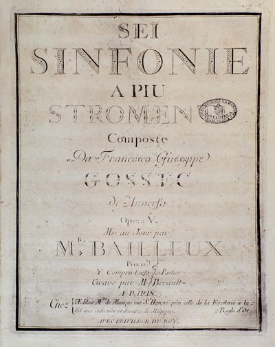 Frontispice de la partition de Sei sinfonie a piu strumenti op. 5 (première symphonie) par François Joseph Gossec - Unknown artist