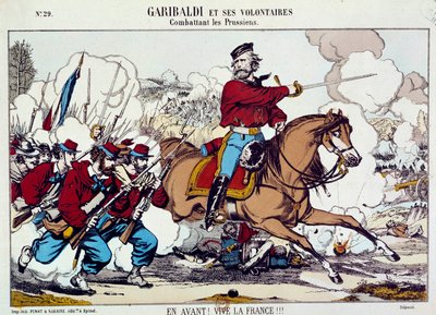 Giuseppe Garibaldi (1807-1882) combattant avec ses volontaires contre les Prussiens. « En avant, vive la France » Vers 1871. Gravure B.N. Paris - Unknown artist