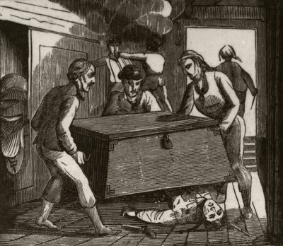 Gordon et ses compagnons pressant le capitaine français à mort avec un grand coffre, vers 1836 - Unknown artist