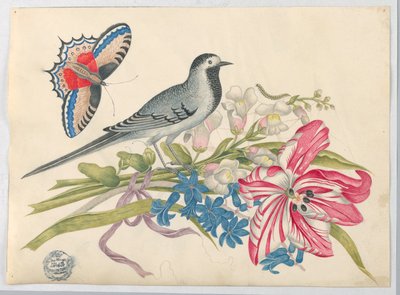 Oiseau gris sur une branche avec tulipe, mufliers et myosotis avec papillon - Unknown artist