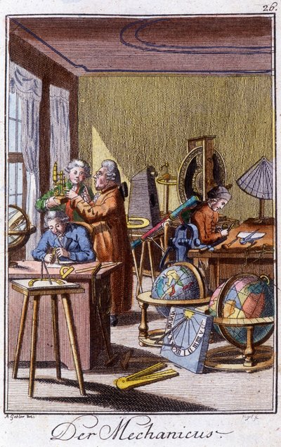 Métiers : le mécanicien avec des instruments de précision dans son atelier. Dans « Description complète des arts et métiers et ateliers pour les jeunes » par Johan Peter Vue. Ed. Nuremberg, Weigel et Schneider - Unknown artist