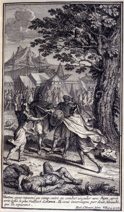 Hector, retournant au camp, entre dans un combat singulier avec Ajax, après avoir défié le plus vaillant des Grecs. Ils sont interrompus par deux hérauts qui les séparent. Illustration du livre VII de l