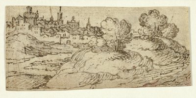 Ville sur la colline avec des arbres au premier plan - Unknown artist