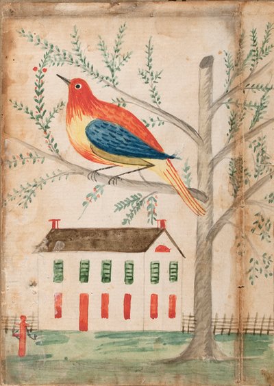 Maison et oiseau sur un arbre - Unknown artist