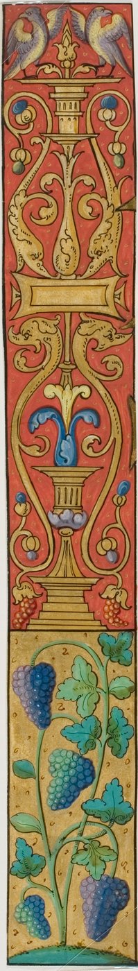 Bordure enluminée avec raisins, oiseaux et grotesques d