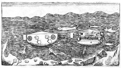 Illustration de la fin du XVIIIe siècle sur la navigation sous-marine dans « Nuovo trattato sulla vera rettificazione del circolo misurato esattmente con il diametro, utile alla trigonometria... Con una dissertazione sul modo di navigare sott