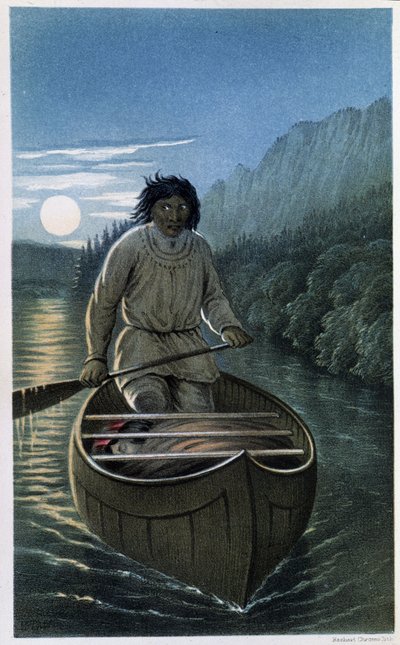 Indien en canoë par une nuit de pleine lune - dans « Exploration of the Labrador Peninsula » par Hind - Unknown artist