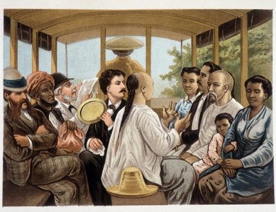 Indonésiens et Occidentaux dans un bus indonésien - « Het kamerlind van Berkentstein in Nederlandsch-Indie » par MTH Perelaer - Leiden - AW Sijjhoff dessins par JC Rappard - Batavia « dans un transport » de eerste avond aan wal - Unknown artist