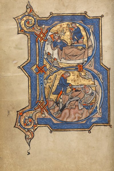 Initial B : David jouant de la harpe pour Saül et David et Goliath - Unknown artist