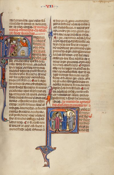 Initiale N : Deux hommes construisant une forteresse ; Initiale S : Deux hommes rencontrant un noble portant un faucon - Unknown artist