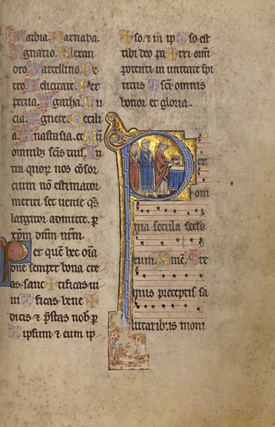 Initial P : Un prêtre et deux diacres devant un autel - Unknown artist