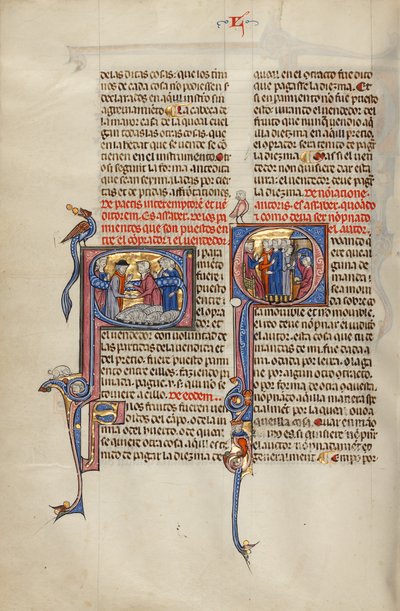 Initiale S : Initiale Q : Trois hommes devant un juge désignant un homme avec une massue et un homme travaillant sur une enclume. - Unknown artist
