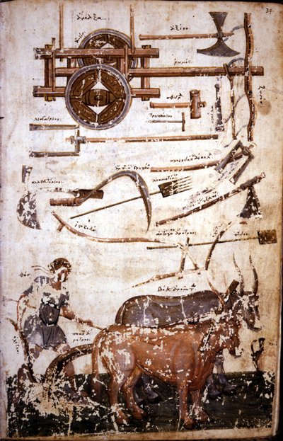 Instruments pour travailler le champ et un homme labourant - dans "Scutum Herculis (Le Bouclier d