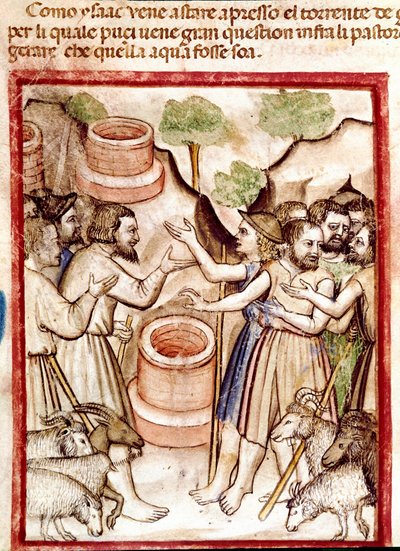 Isaac creuse des puits dans la vallée de Guerar et les bergers de la vallée lui cherchent querelle Miniature tirée du codex 212 (ou codex padovano ou Bible de Padoue) - Unknown artist