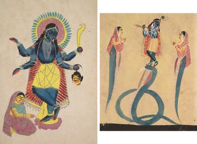 Krishna en tant que Kali adoré par Radha (recto); Krishna apaise le serpent Kaliya (verso) - Unknown artist