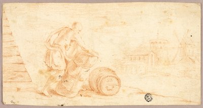 Homme déplaçant une balle, un tonneau, avec un moulin à vent au loin - Unknown artist