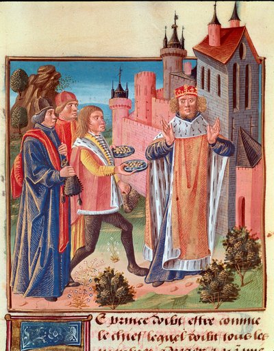 Moyen Âge : Un prince reçoit les impôts de ses vassaux. Miniature tirée du « Livre des bonnes mœurs » par Jacques le Grand - Unknown artist