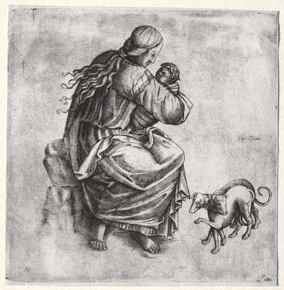 Mère et enfant avec deux chiens - Unknown artist