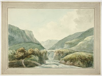 Ville de montagne traversée par un pont enjambant des rapides - Unknown artist