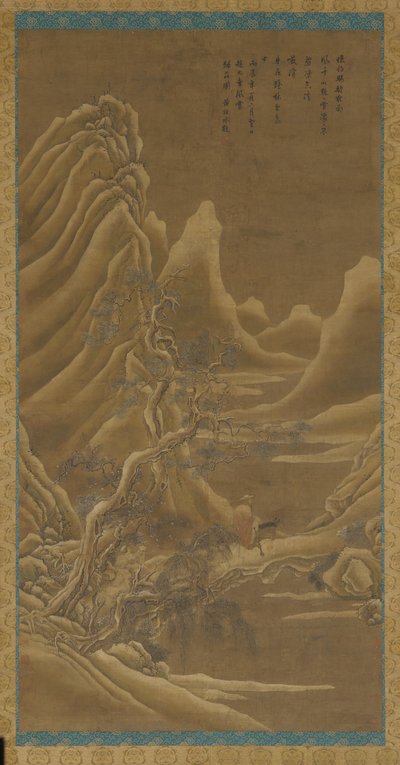 Montagnes, une rivière et des pins—un homme sur un âne - Unknown artist