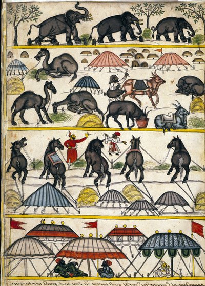 Camp militaire moghol. Page du manuscrit (ms.8300) « Histoire de Mogol » (Moghul ou Moghol) par Stefano Nivibus Cardeira. 18ème siècle. Bibliothèque marciana, Venise - Unknown artist
