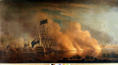 Attaque nocturne des brûlots français contre la flotte anglaise dans le port de Québec : prise par les Anglais le 28/06/1759. Peinture. - Unknown artist