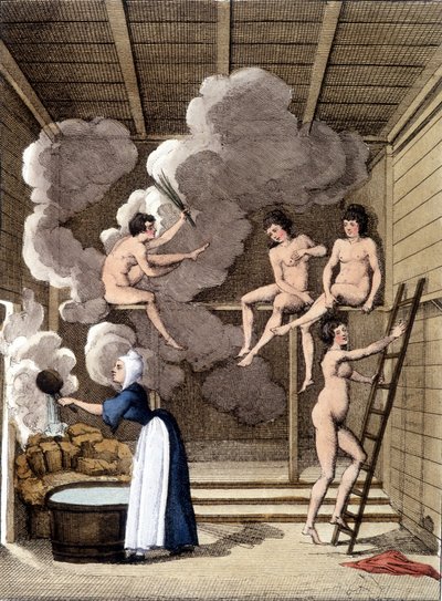 Personnages nus dans un sauna finlandais. Gravure de 1811 incluse dans un livre sur le voyage - Unknown artist