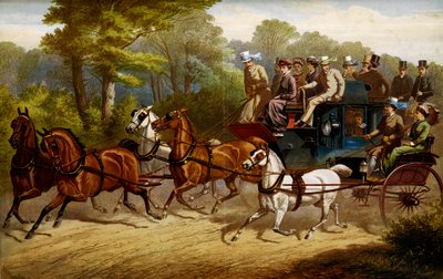 En route pour le derby, fiacre et omnibus tirés par des chevaux allant à un derby - Unknown artist