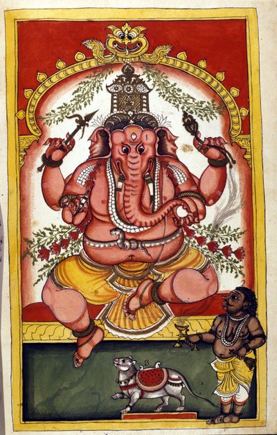 Page représentant la divinité hindoue Ganesha (Ganesh ou Ganapati), patron des commerçants, voyageurs et voleurs. Page tirée du manuscrit (ms.8300) « Histoire du Mogol » (Moghul ou Moghol) par Stefano Nivibus Cardeira. 18ème siècle. Biblioteca Marciana, Ve - Unknown artist