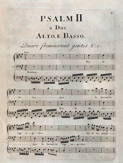 Page du deuxième psaume dans la partition musicale des "Psaumes" de Benedetto Marcello - Unknown artist
