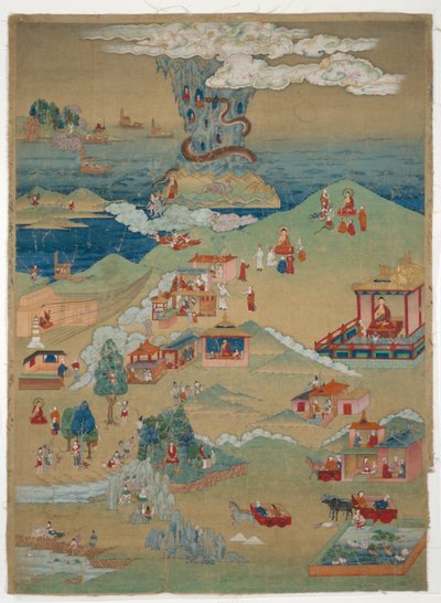 Bannière peinte (Thangka) de cinq contes moraux tirés de l