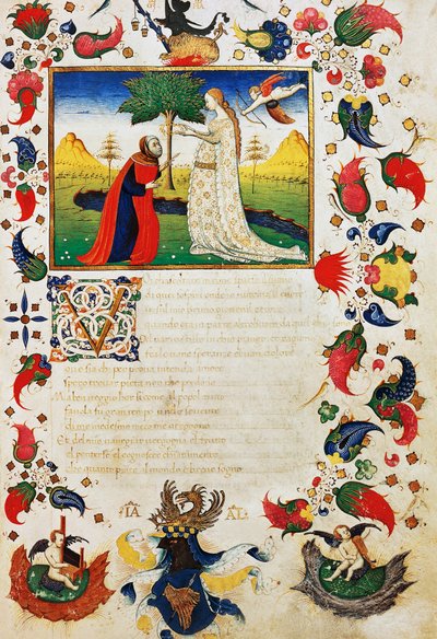 Pétrarque frappé par la flèche de Cupidon et portant une couronne de laurier, introduction au sonnet Vous qui entendez le son, en rimes éparses, tiré de Trionfi de Francesco Petrarca, page illuminée d