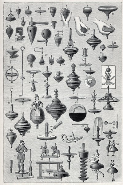 Planche montrant une collection de toupies avec différentes formes et systèmes de rotation. Gravure dans « La Nature » - Unknown artist