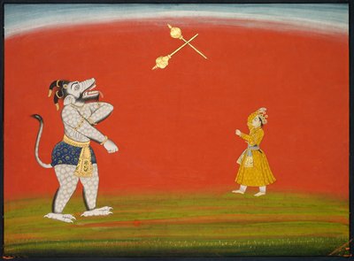 Pradyumna et Samvara se battent avec des masses : Feuille du "Grand Basohli Bhagavata Purana" - Unknown artist