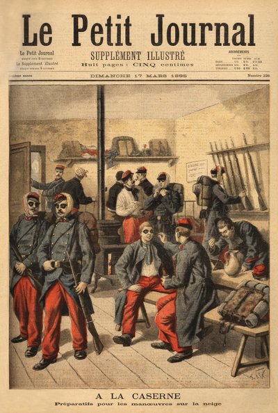 Préparation aux manœuvres sur la neige, au lieu de porter des lunettes avec des verres fumés, les soldats sont entourés de suie noire. Gravure dans "Le petit journal" 17/03/1895. Collection Selva. - Unknown artist
