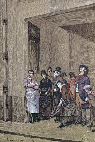 Temps pluvieux, des gens sous un toit attendant que la pluie cesse - Unknown artist
